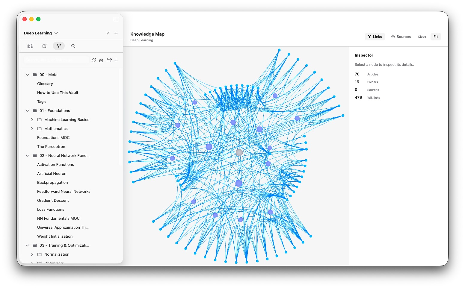 An early force-directed graph rendered in blue, with an inspector panel showing 70 articles, 15 folders and 479 wikilinks.