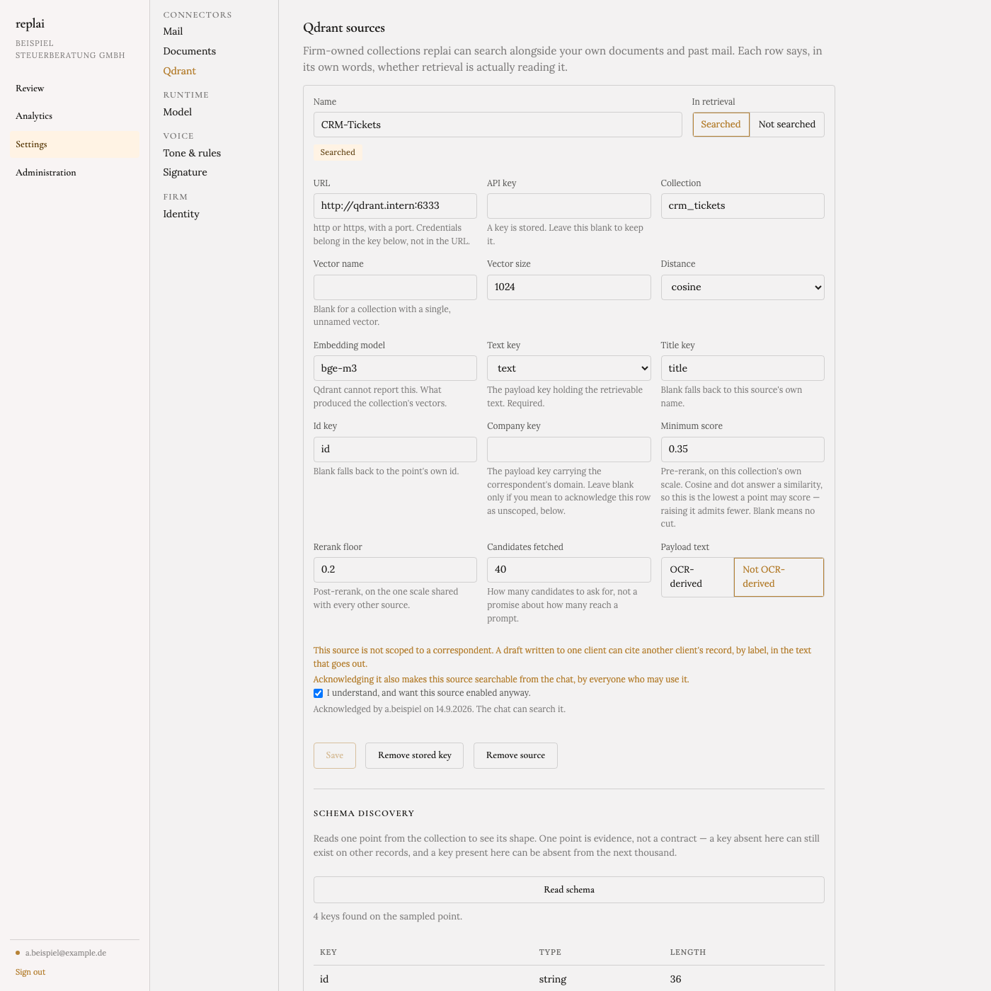 A settings screen for a record collection named CRM-Tickets, marked Searched. Below the connection fields, two warnings: 'This source is not scoped to a correspondent. A draft written to one client can cite another client's record, by label, in the text that goes out.' and 'Acknowledging it also makes this source searchable from the chat, by everyone who may use it.' A ticked checkbox reads 'I understand, and want this source enabled anyway', followed by 'Acknowledged by a.beispiel on 14.9.2026. The chat can search it.'